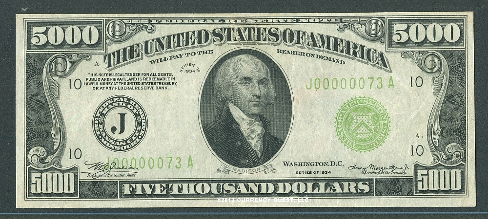 Fr.2221-J, 1934 $5000 Kansas City Federal Reserve Note, ChXF
