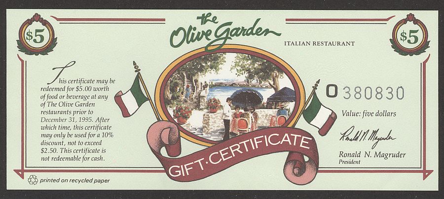 Olive Garden 5 Gift Certificate Circa 1990 S
