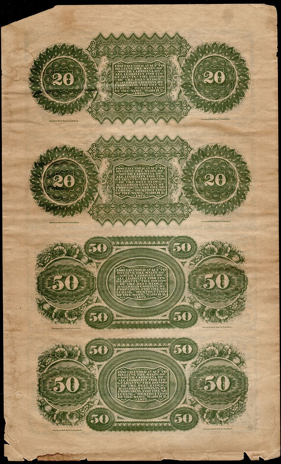 South Carolina Columbia 1872 $50 Revenue Bond Scrip CR-15 UNC 